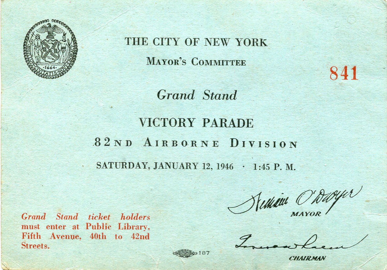 Grand Stand Pass for the New York City 5th Avenue 82nd Airborne Division Victory Parade